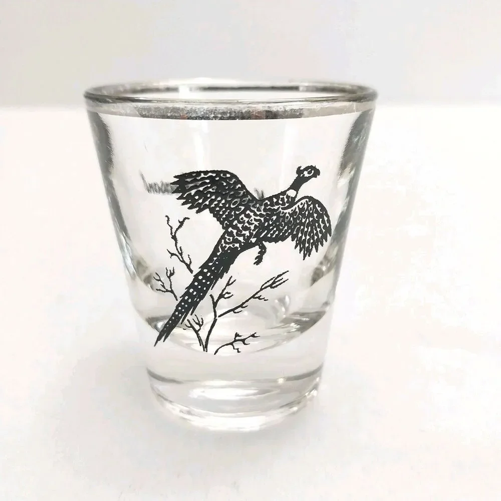 Vintage Federal Glass Shot lass Long Neck Pheasant Print Silver Rim #K004